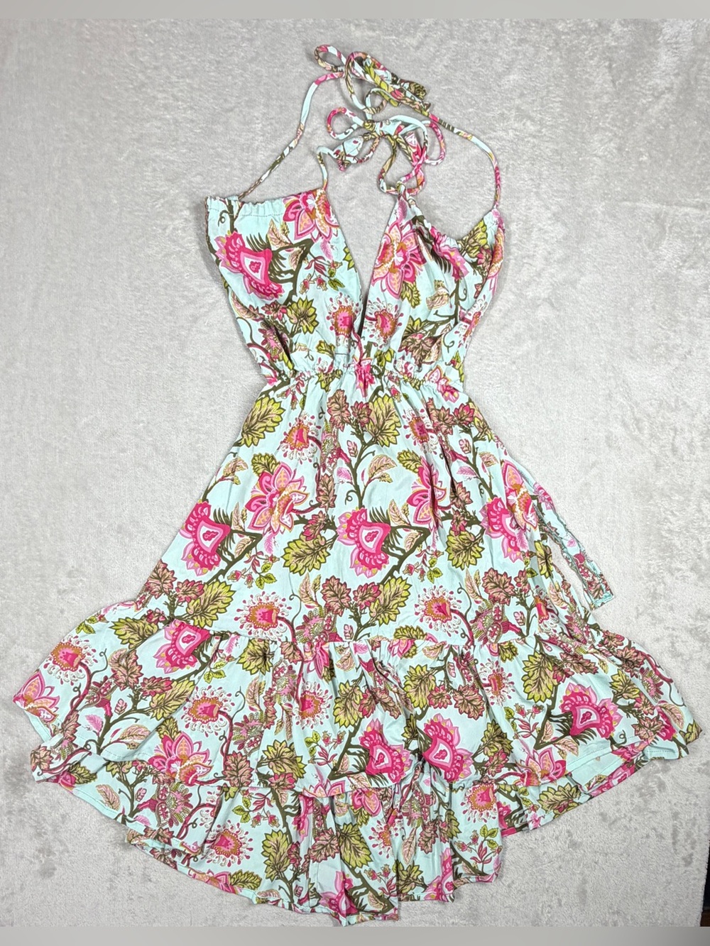 Karma Highway Floral Halter Tie Mini Open Back Hippie Blue Pink Dress One Size